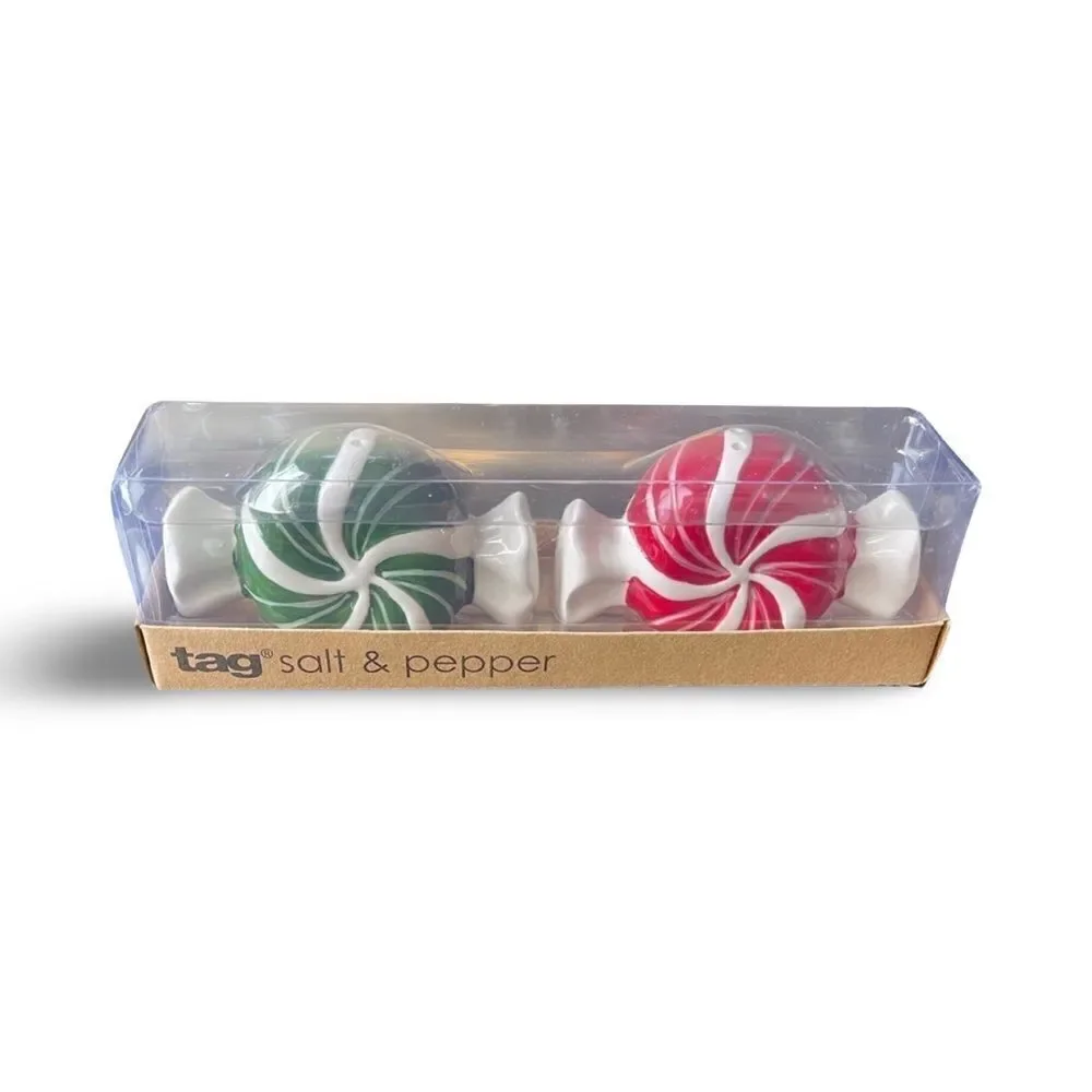 TAG Holiday Candy Peppermint Twist Salt & Pepper Set of 2 Red & Green NIB